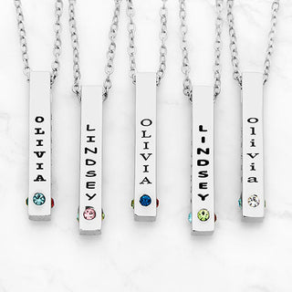 Sterling Silver Vertical 4-Sided Engraved Family Name and Birthstone Necklace