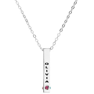 Sterling Silver Vertical 4-Sided Engraved Family Name and Birthstone Necklace