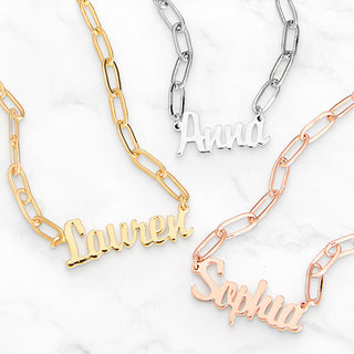 Plated Petite Script Name Paperclip Chain Necklace