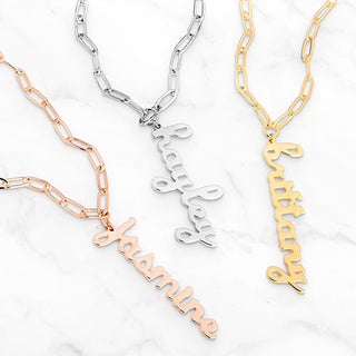 Plated Lowercase Script Vertical Name Paperclip Chain Necklace