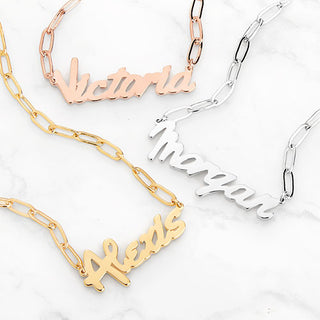 Plated Bold Script Name Paperclip Chain Necklace