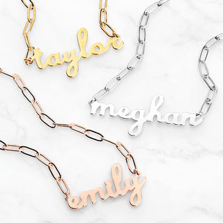 Plated Lowercase Script Name Paperclip Chain Necklace