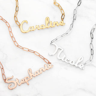 Plated Script Name Paperclip Chain Necklace