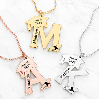 Plated Graduation Cap Initial and Name Necklace