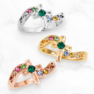 14K Gold Plated Family Birthstone Diamond Accent Cross Ring