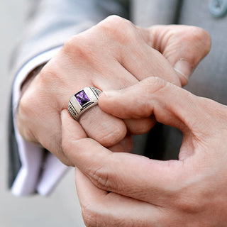 Men's Sterling Silver Checkerboard Birthstone Class Ring