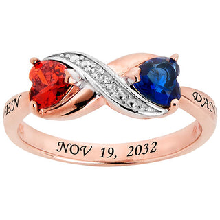 14K Rose Gold Plated Couple's Birthstone Heart Infinity Diamond Accent Ring