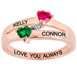 14K Rose Gold Plated Couple's Birthstone Heart Diamond Accent Ring