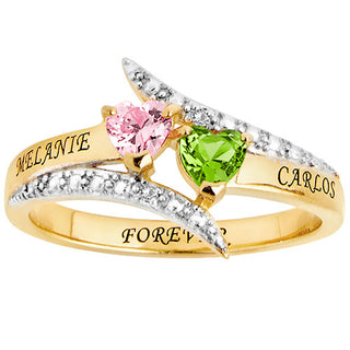 14K Gold over Sterling Couple's Heart Birthstone Bypass Diamond Accent Ring