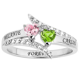 Silver Plated Couple's Heart Birthstone Bypass Diamond Accent Ring