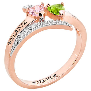 14K Rose Gold Plated Couple's Heart Birthstone Bypass Diamond Accent Ring