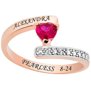 14K Rose Gold over Sterling Heart Birthstone Bypass Diamond Accent Class Ring