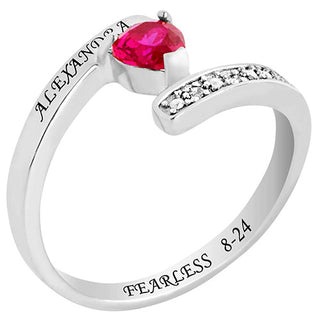 Silver Plated Heart Birthstone Bypass Diamond Accent Class Ring