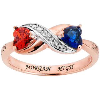 14K Rose Gold over Sterling Double Birthstone Heart Infinity Diamond Accent Class Ring