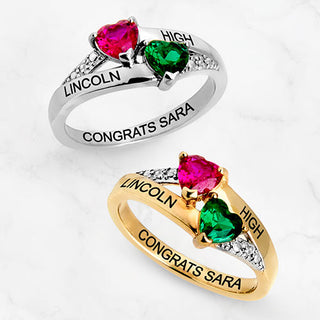 Silver Plated Double Birthstone Heart Diamond Accent Class Ring