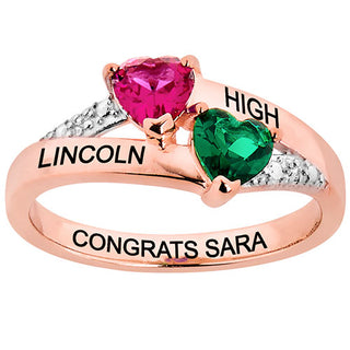 14K Rose Gold Plated Double Birthstone Heart Diamond Accent Class Ring