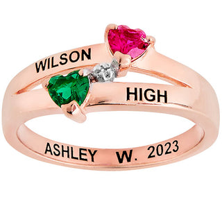 14K Rose Gold over Sterling Double Birthstone Heart Diamond Accent Class Ring