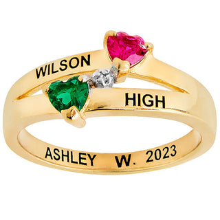 14K Gold Plated Double Birthstone Heart Diamond Accent Class Ring