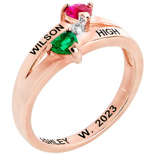 14K Rose Gold Plated Double Birthstone Heart Diamond Accent Class Ring