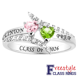Sterling Silver Double Heart Birthstone Bypass Diamond Accent Class Ring