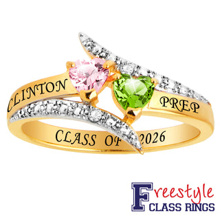 14K Gold over Sterling Double Heart Birthstone Bypass Diamond Accent Class Ring