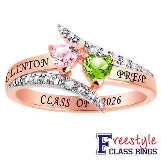 14K Rose Gold over Sterling Double Heart Birthstone Bypass Diamond Accent Class Ring