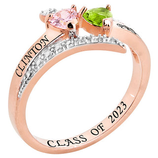 14K Rose Gold over Sterling Double Heart Birthstone Bypass Diamond Accent Class Ring