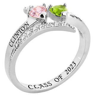 Silver Plated Double Heart Birthstone Bypass Diamond Accent Class Ring