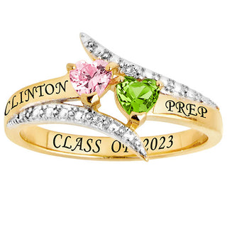 14K Gold Plated Double Heart Birthstone Bypass Diamond Accent Class Ring