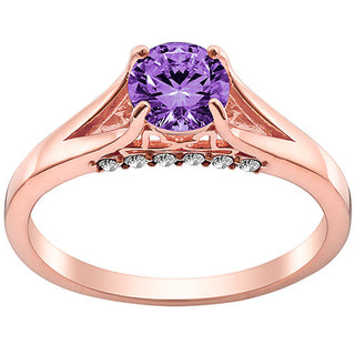 14K Rose Gold Plated Simulated Amethyst and Clear Crystal Ring