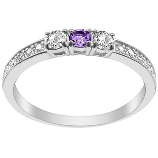 Silver Plated Simulated Amethyst and Clear Crystal 3-Stone Ring