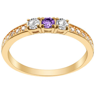 14K Gold Plated Simulated Amethyst and Clear Crystal 3-Stone Ring