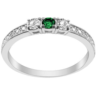 Silver Plated Simulated Emerald and Clear Crystal 3-Stone Ring
