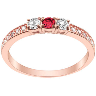 14K Rose Gold Plated Simulated Ruby and Clear Crystal 3-Stone Ring