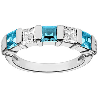 Silver Plated Simulated Blue Topaz and Clear Crystal 5 Stone Ring