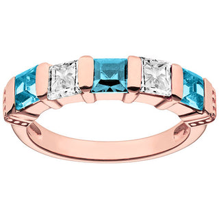 14K Rose Gold Plated Simulated Blue Topaz and Clear Crystal 5 Stone Ring