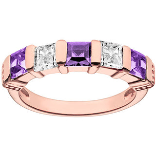 14K Rose Gold Plated Simulated Amethyst and Clear Crystal 5 Stone Ring