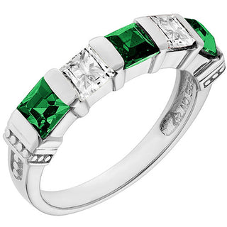 Silver Plated Simulated Emerald and Clear Crystal 5 Stone Ring