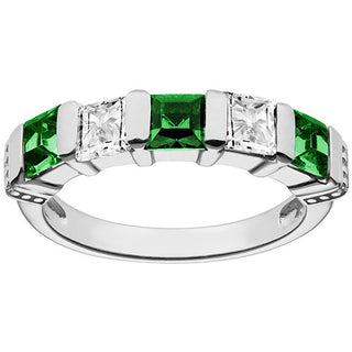 Silver Plated Simulated Emerald and Clear Crystal 5 Stone Ring