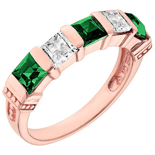 14K Rose Gold Plated Simulated Emerald and Clear Crystal 5 Stone Ring
