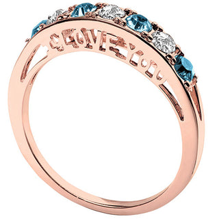 14K Rose Gold Plated I LOVE YOU Simulated Blue Topaz and Clear Crystal Ring