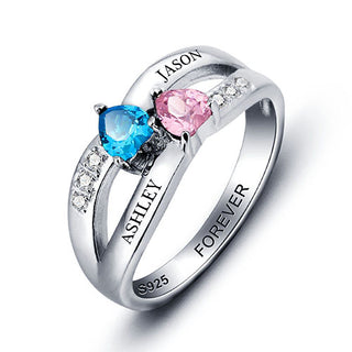 Sterling Silver Engraved Double Heart Birthstone and CZ Ring