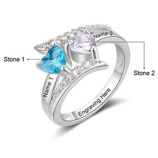 Sterling Silver Engraved Double Heart Birthstone Bypass Ring