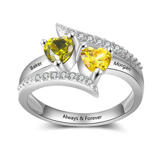 Sterling Silver Engraved Double Heart Birthstone Bypass Ring