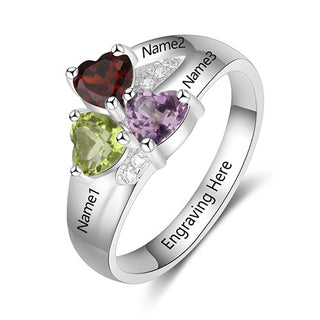 Sterling Silver Engraved Heart Birthstone 3-Stone Family Ring