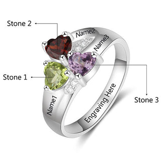 Sterling Silver Engraved Heart Birthstone 3-Stone Family Ring