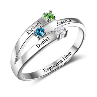 Sterling Silver Engraved Birthstone 3-Stone Family Ring