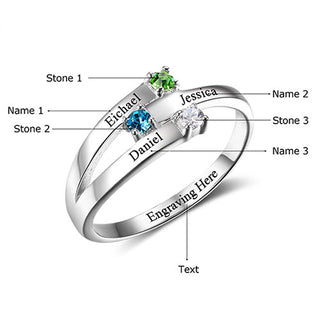 Sterling Silver Engraved Birthstone 3-Stone Family Ring