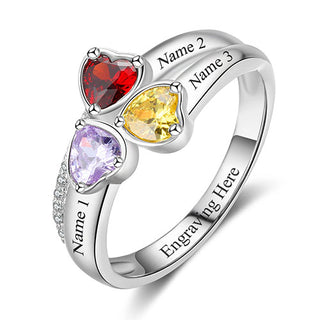 Sterling Silver Engraved Heart Birthstone 3-Stone Family Ring