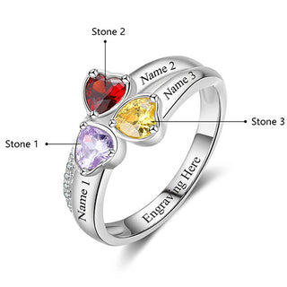 Sterling Silver Engraved Heart Birthstone 3-Stone Family Ring